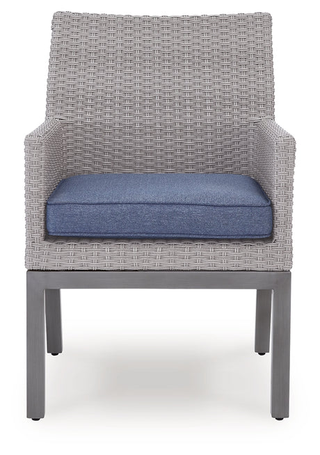 Side angle of outdoor dining chair with cushion