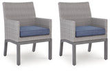 Blue gray outdoor arm chair side angle showing resin wicker