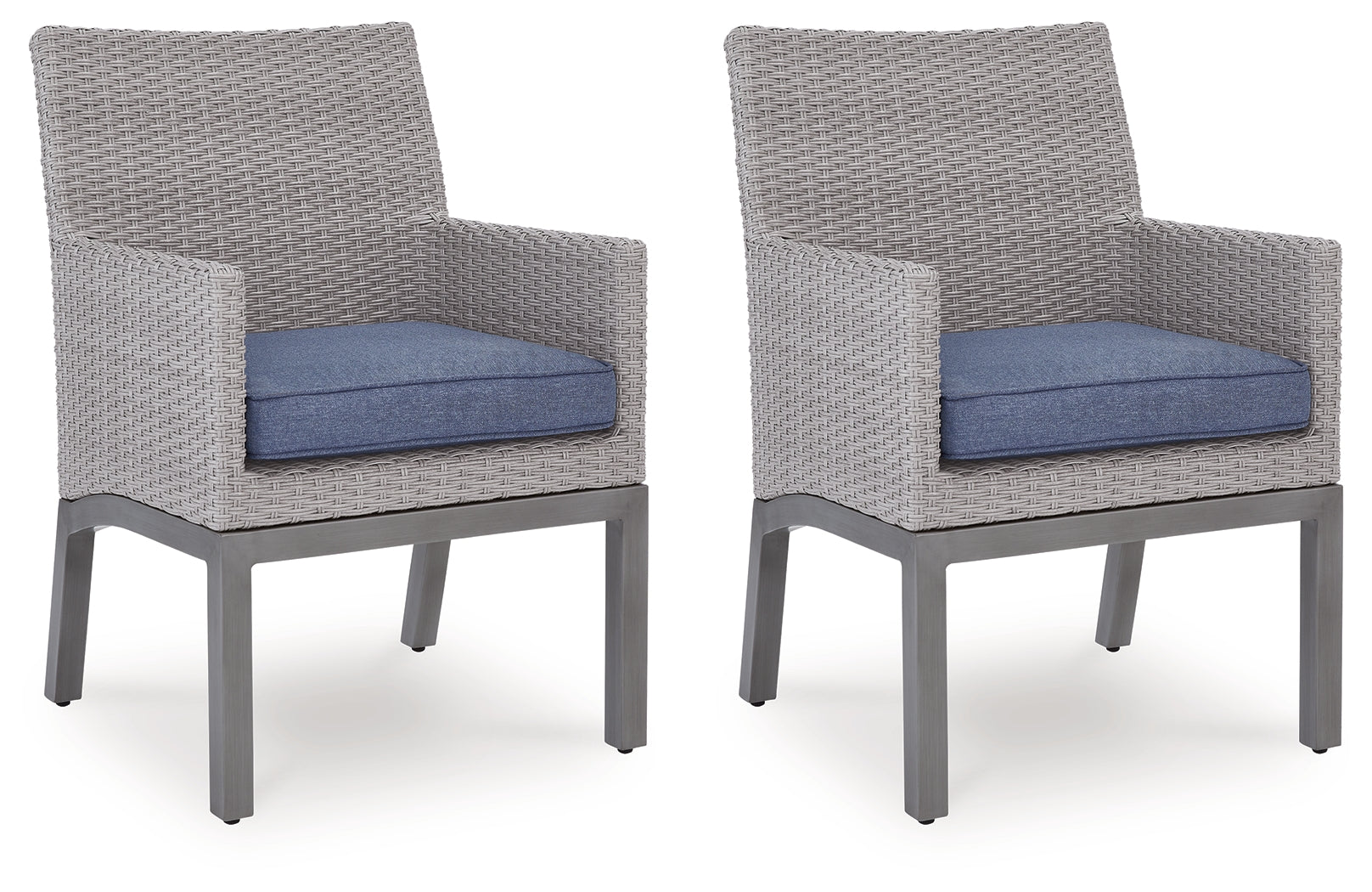 Blue gray outdoor arm chair side angle showing resin wicker