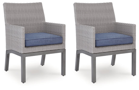 Blue gray outdoor arm chair side angle showing resin wicker