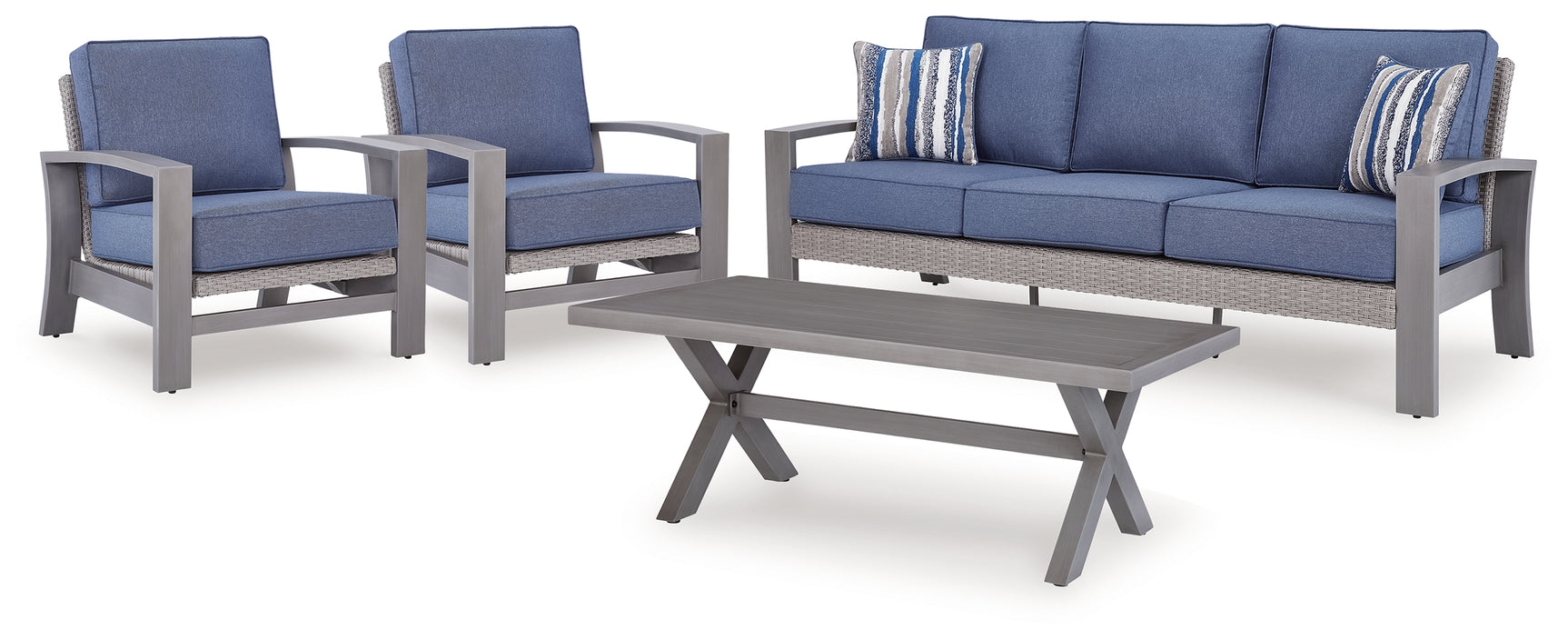Outdoor sofa and chair angle showing blue gray resin wicker