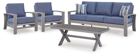 Outdoor sofa and chair angle showing blue gray resin wicker