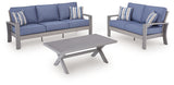 Blue gray Moon Beach outdoor loveseat, angled view