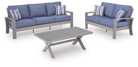 Blue gray Moon Beach outdoor loveseat, angled view