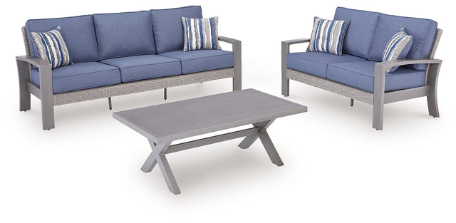 Blue gray Moon Beach outdoor loveseat, angled view