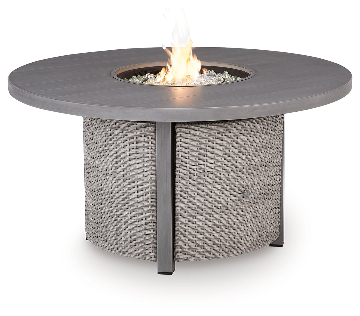 Fire pit table with active flame and glass beads view