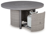 Storage cabinet door of fire pit table open