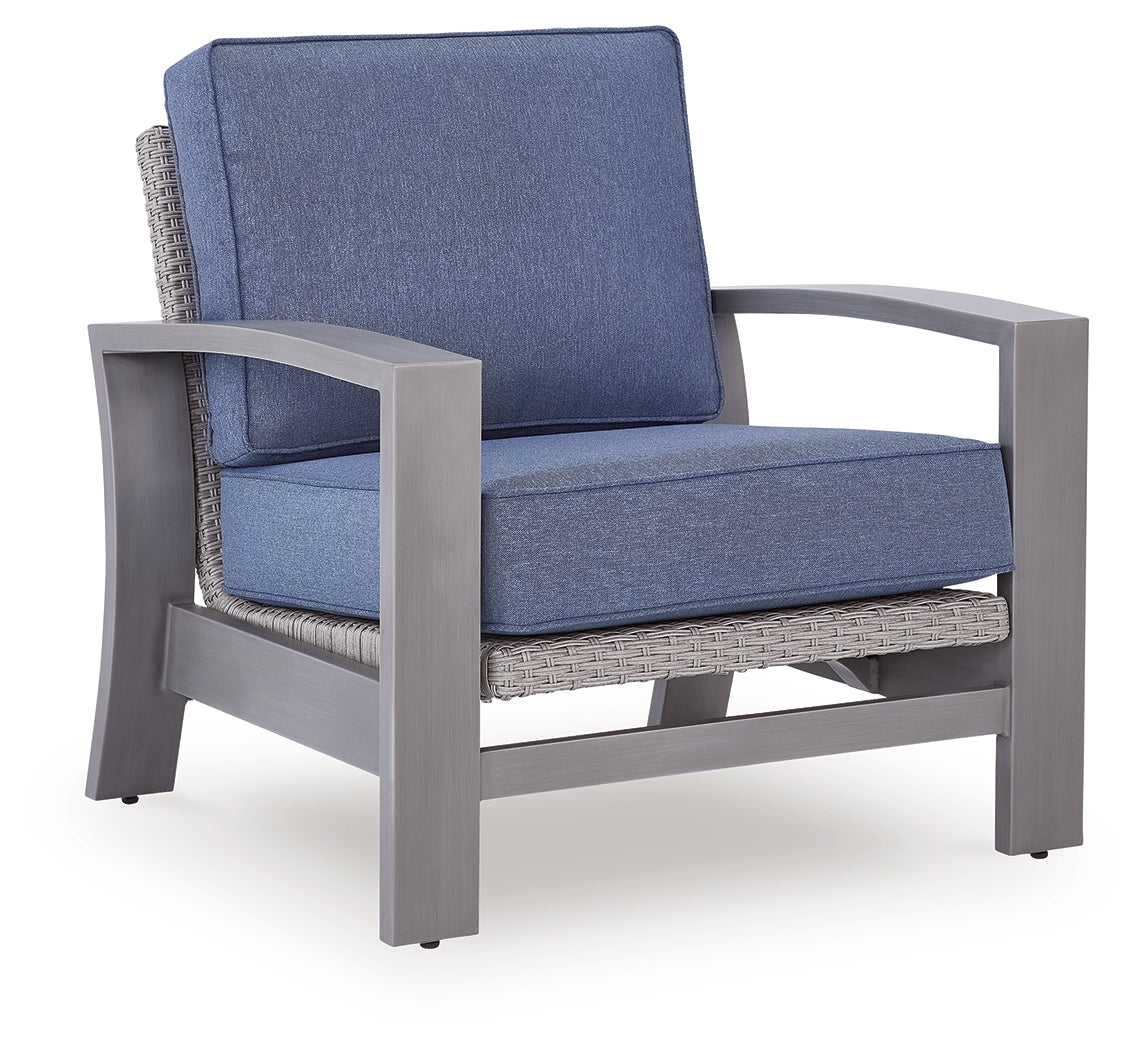 Half Moon Beach Blue/Gray Outdoor Spring Rocking Lounge Chair side angle showing wicker detail
