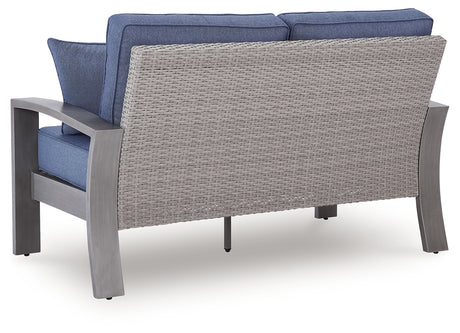 Gray resin wicker detail on sofa and loveseat