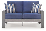 Front view of Half Moon Beach outdoor loveseat with cushions