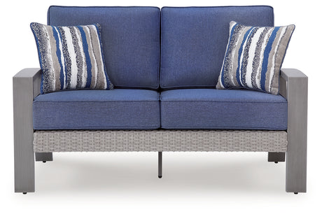 Front view of Half Moon Beach outdoor loveseat with cushions