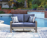 Blue gray sofa and loveseat, back view
