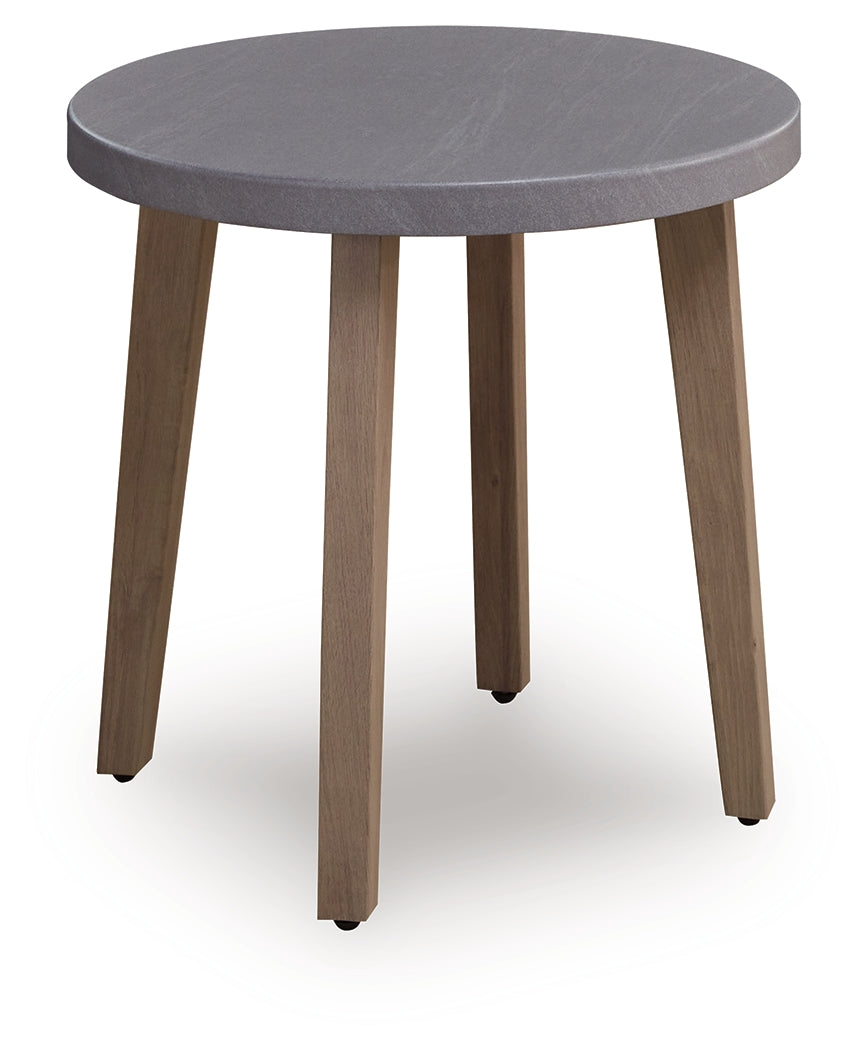 Close-up of Harmony Headlands outdoor end table stone-look top and aluminum frame