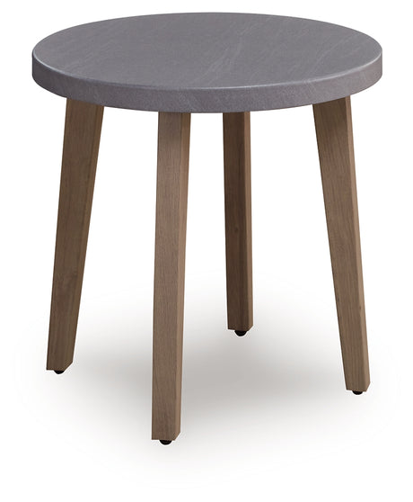 Close-up of Harmony Headlands outdoor end table stone-look top and aluminum frame