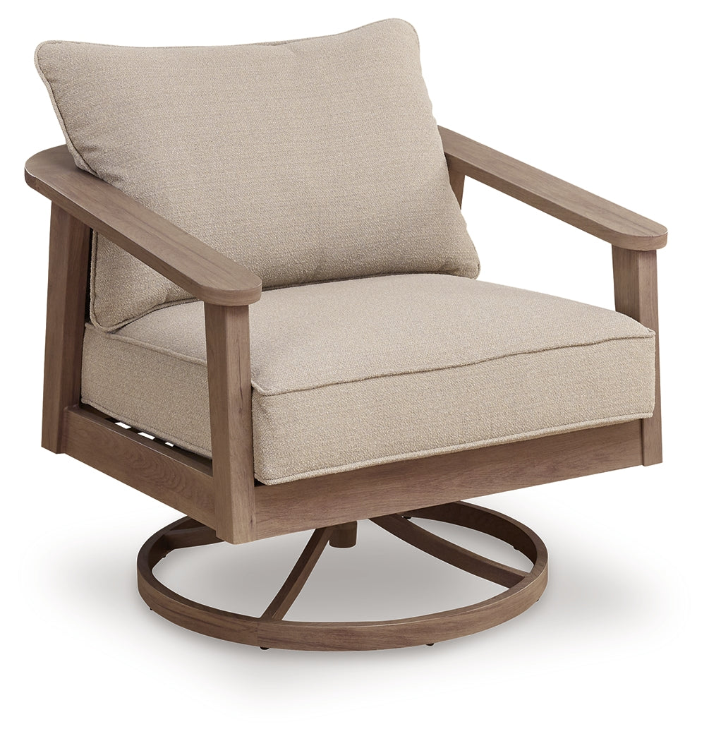 Side view of Harmony Headlands swivel lounge chair showing wicker weave and cushion