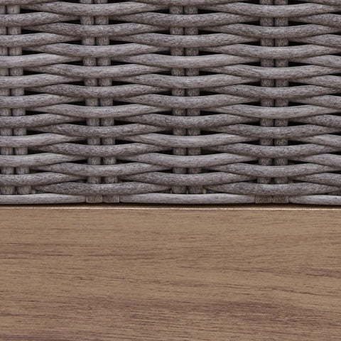 Close-up of wood-look aluminum frame and woven resin wicker finish
