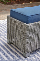 Detailed view of bench legs and wood-look finish