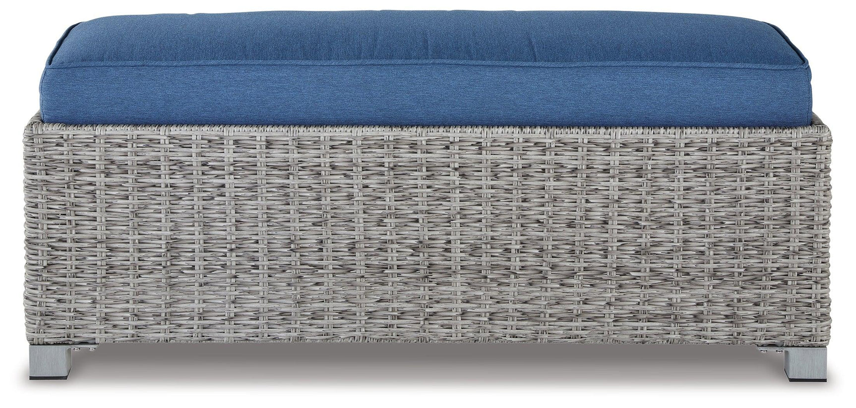 Side view of outdoor bench with cushion