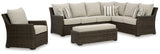 Sectional seating detail with brown cushions