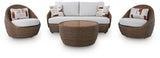 Side angle view of beige outdoor loveseat and lounge chair