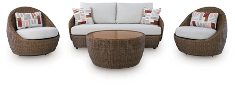 Side angle view of beige outdoor loveseat and lounge chair