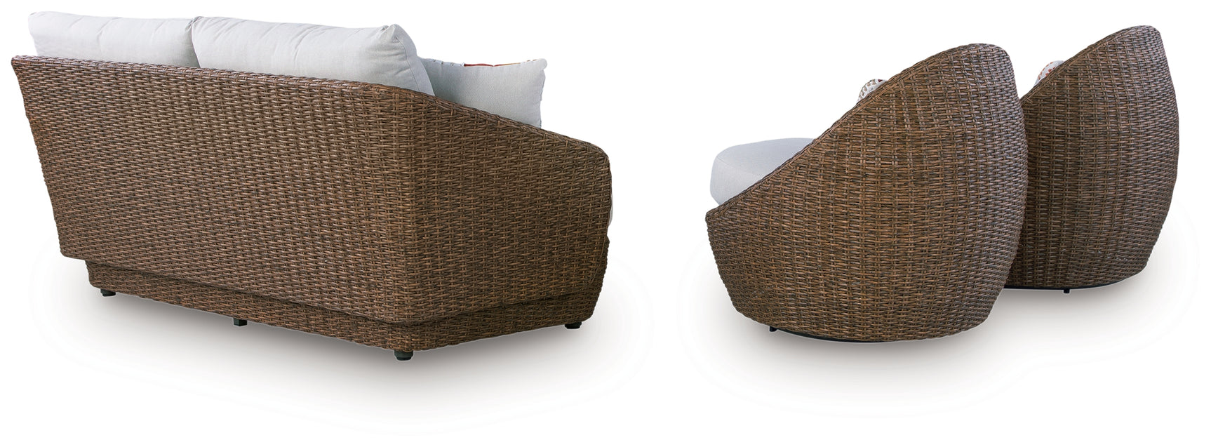 Swivel chair back view highlighting woven wicker