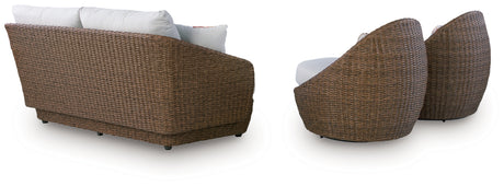 Swivel chair back view highlighting woven wicker