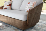 Double beige outdoor sofa set with loveseat, lounge chairs, and coffee table