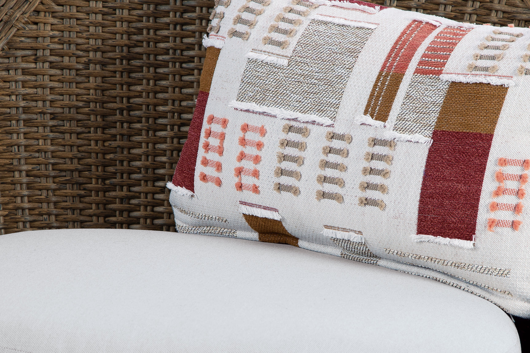 Fabric swatch for beige outdoor cushions