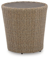 Danson Beige Outdoor End Table side angle highlighting resin wicker weave