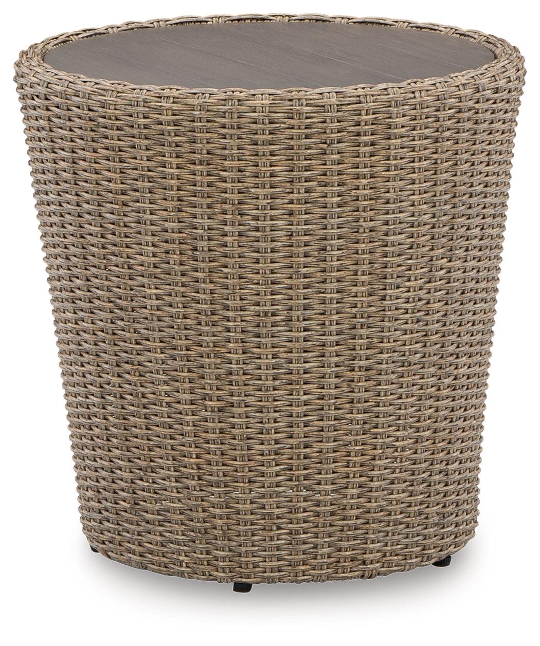 Danson Beige Outdoor End Table side angle highlighting resin wicker weave