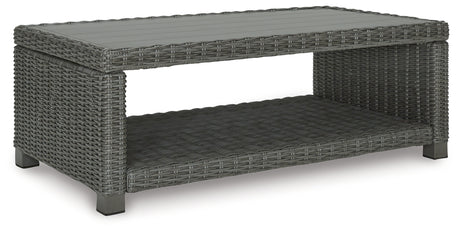 Close-up of aluminum 'wood look' top on coffee table
