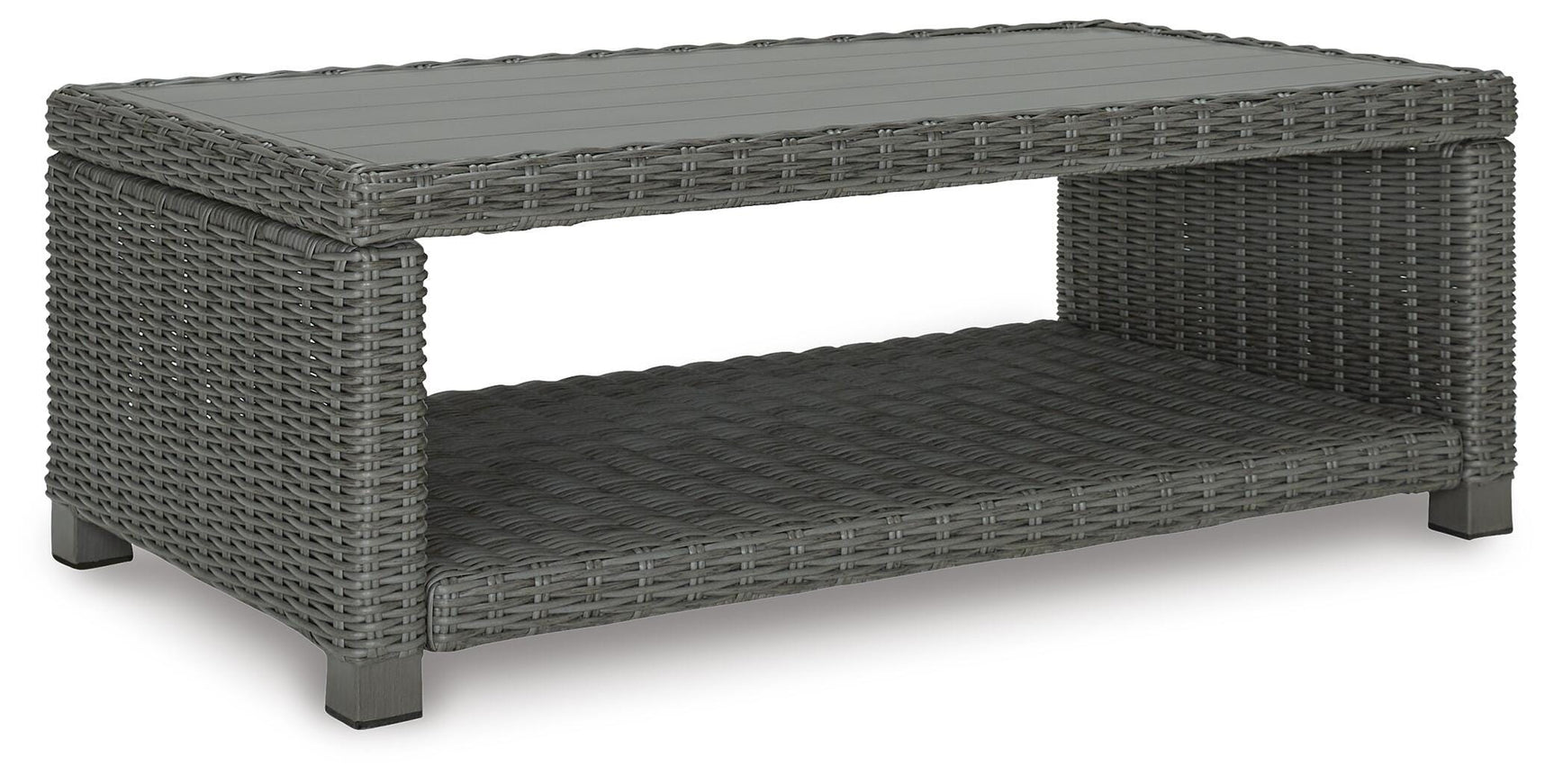 Angled view of loveseat and coffee table set on patio