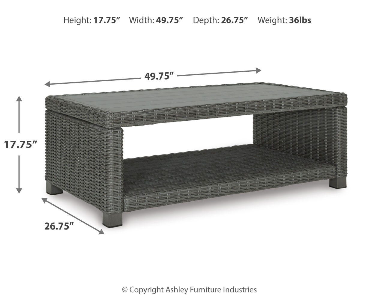 Dimension schematic for coffee table in Elite Gray Park set