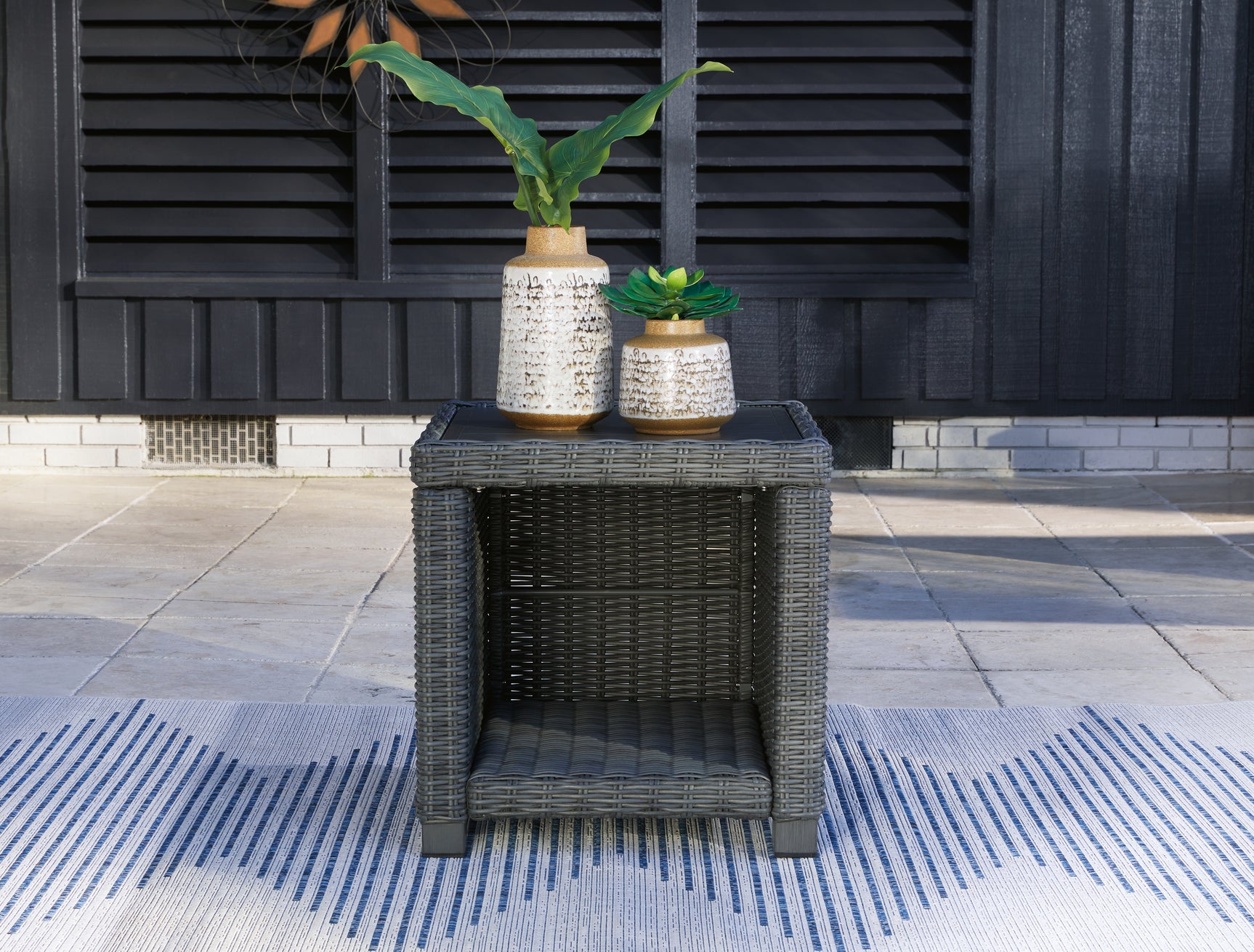 Elite Gray Park Outdoor Coffee Table with 2 End Tables in gray resin wicker and aluminum frame