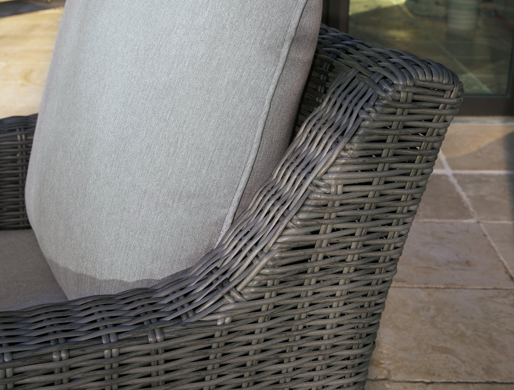 Elite Park gray outdoor swivel lounge chair stainless steel hardware close-up