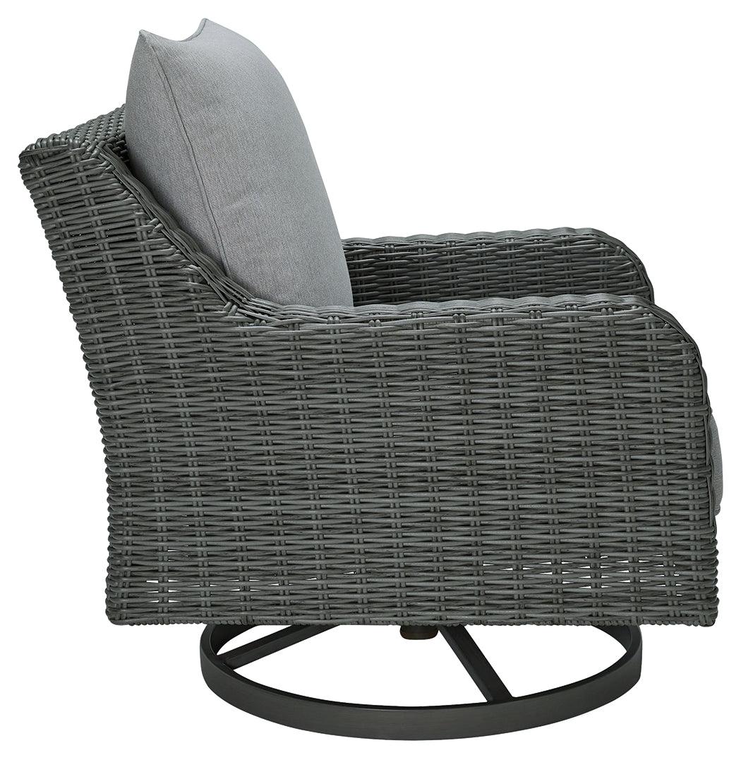 Elite Park gray outdoor swivel lounge chair detail on resin wicker