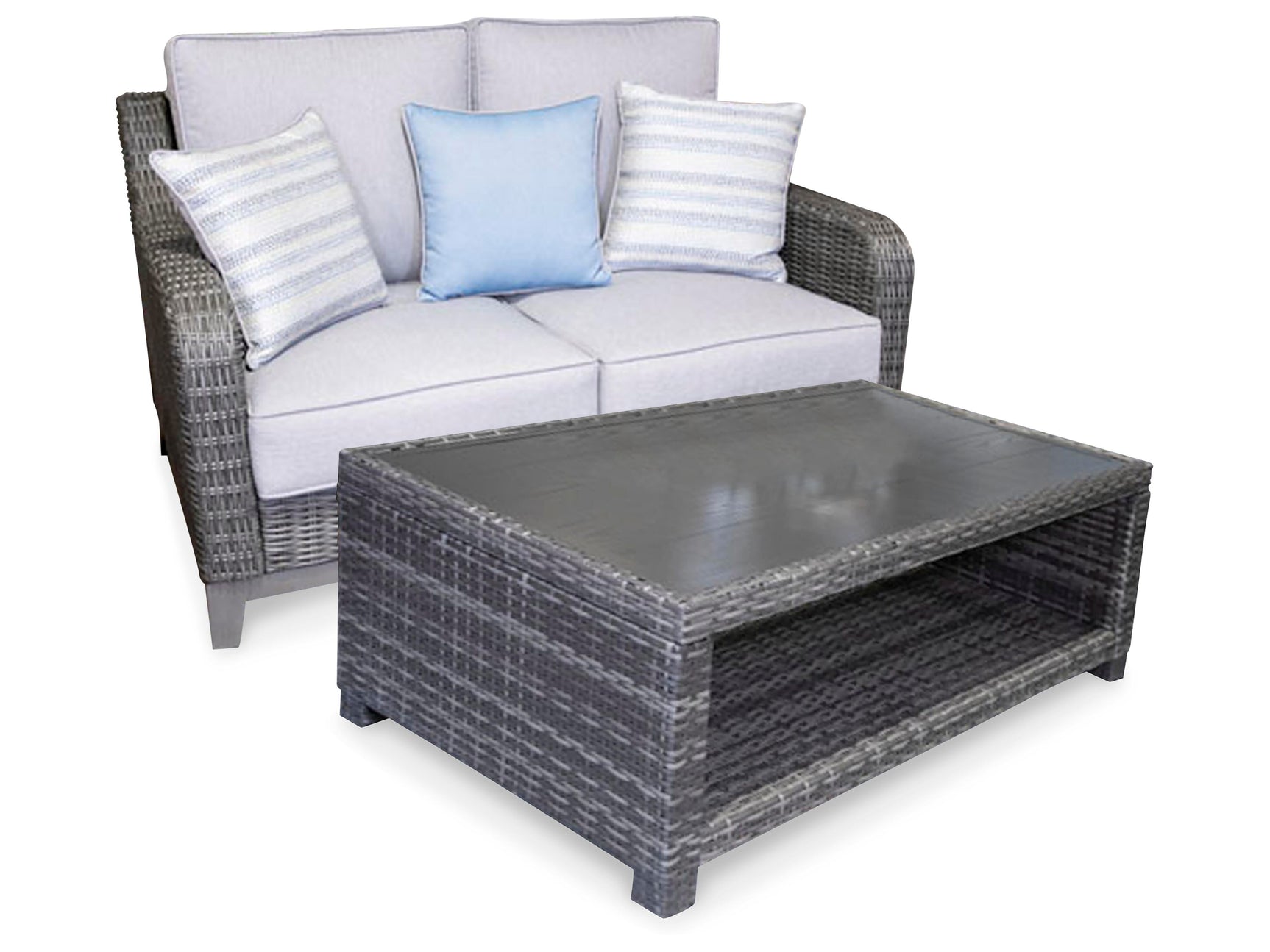 Side angle of Elite Gray Park Outdoor Loveseat highlighting aluminum frame and cushion detail