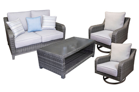 Close-up of gray resin wicker lounge chair
