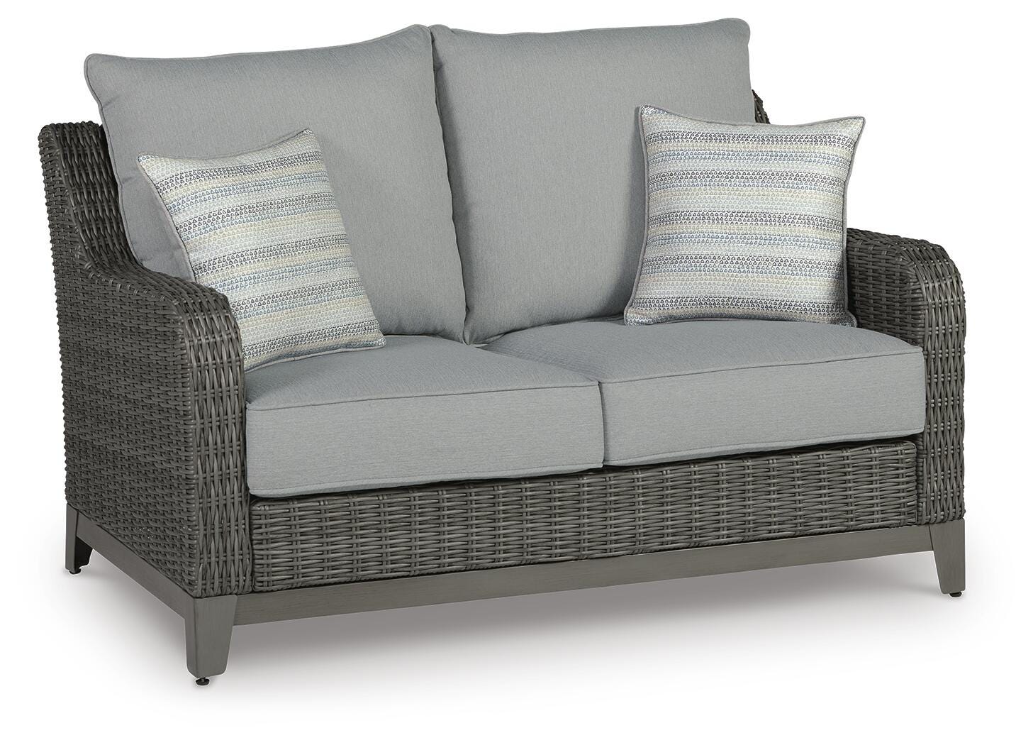 Back view of Elite Gray Park Outdoor Loveseat with gray wicker weave