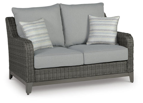 Back view of Elite Gray Park Outdoor Loveseat with gray wicker weave