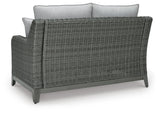 Close-up of thick seat cushion upholstered in gray Nuvella® fabric