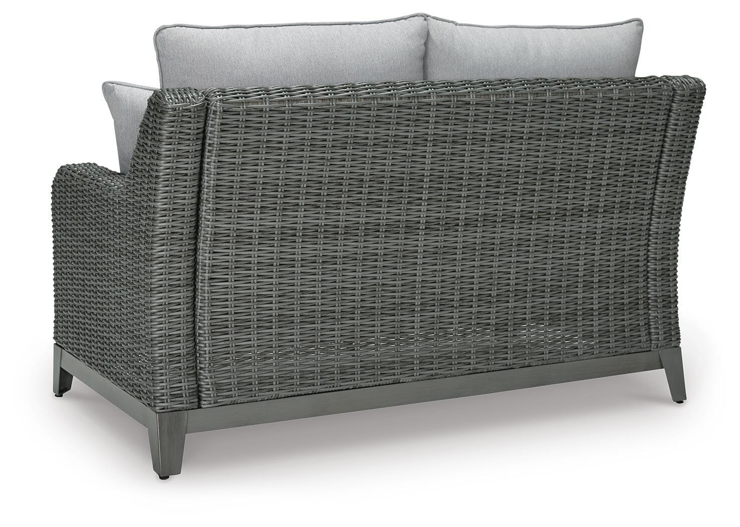 Close-up of thick seat cushion upholstered in gray Nuvella® fabric