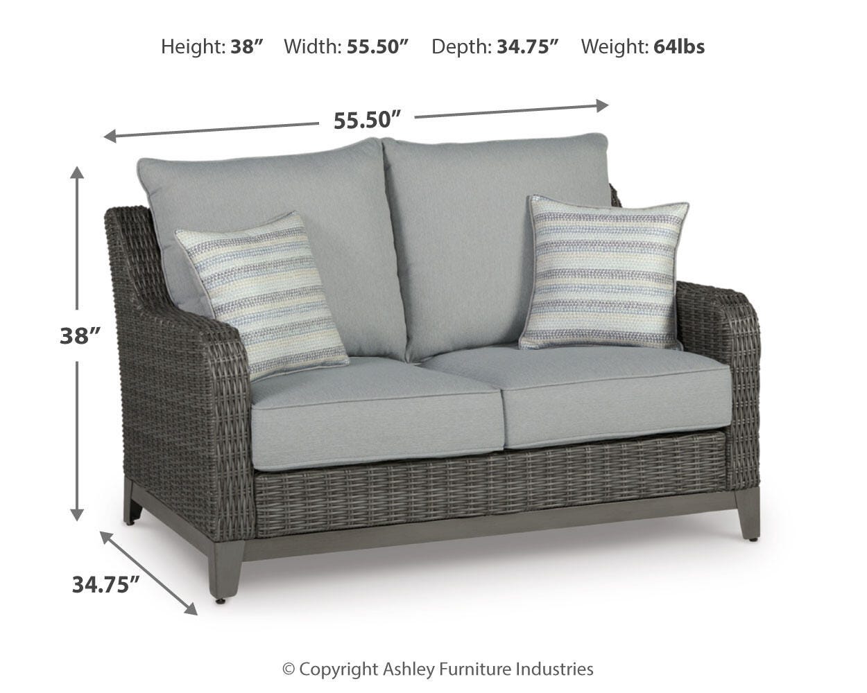 Dimension diagram of Elite Gray Park Outdoor Loveseat and Coffee Table set