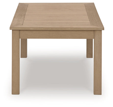 Side view of Hallow Creek Outdoor Coffee Table in driftwood finish