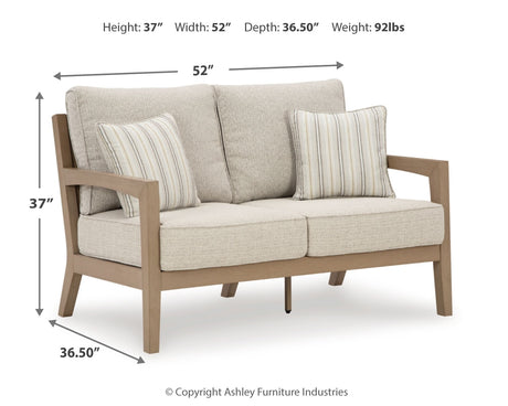Hallow Driftwood Creek outdoor sofa and loveseat with coffee table in driftwood finish