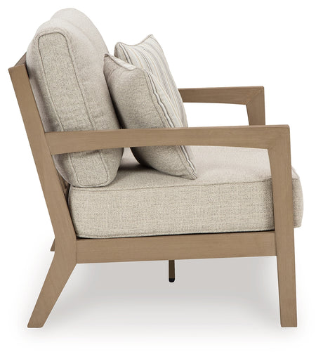 Hallow Driftwood Creek outdoor sofa and loveseat with coffee table in driftwood finish