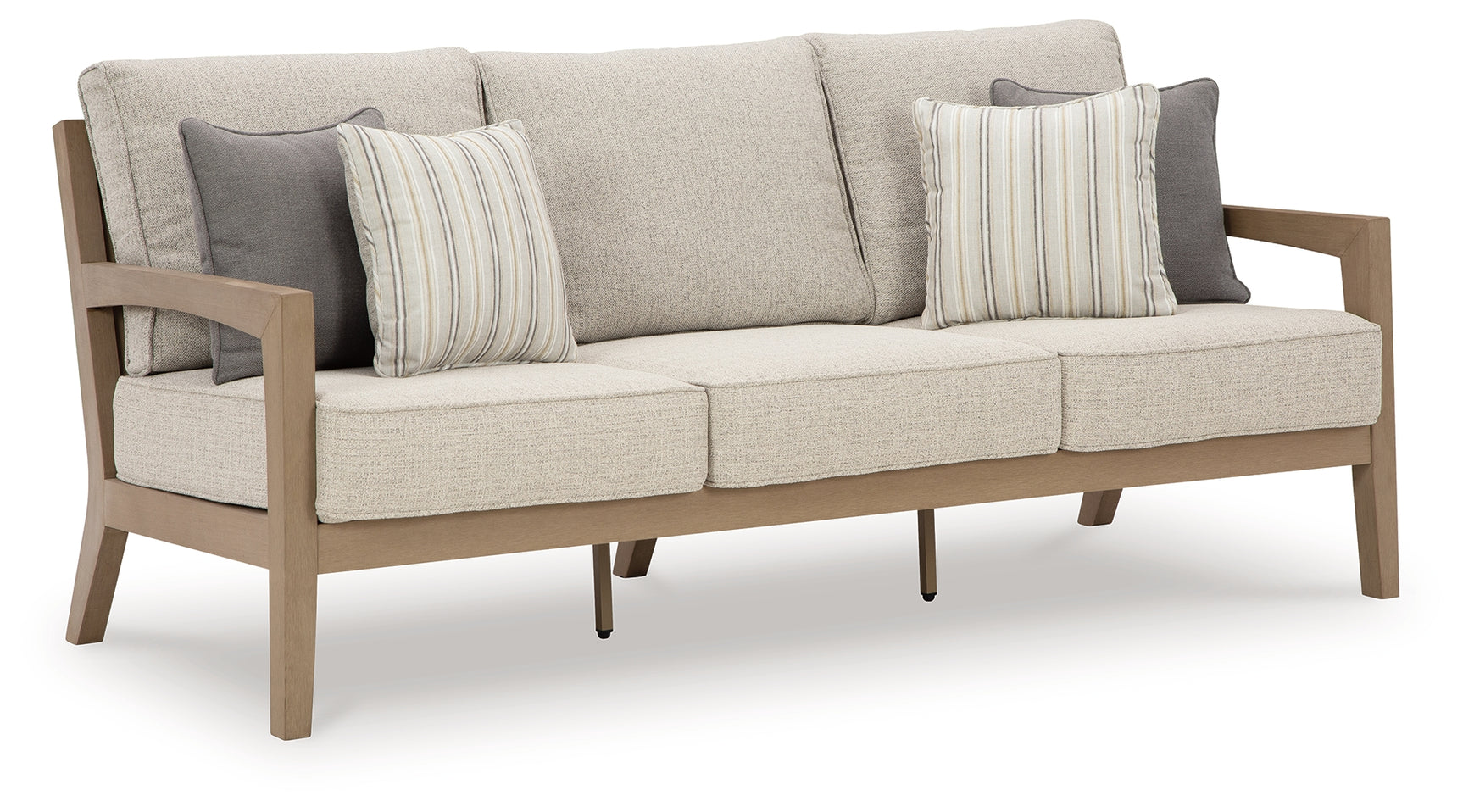 Hallow Driftwood Creek outdoor sofa and loveseat with coffee table in driftwood finish