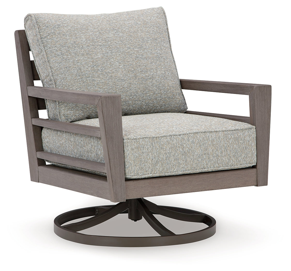 Outdoor lounge chair side view showing swivel base