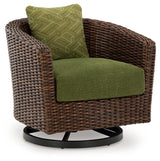 Assembly detail showing brown frame and fabric attachment on Horizon chair